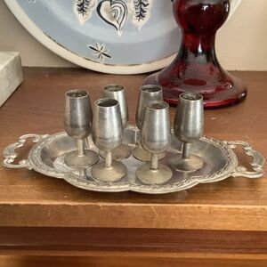 Miniature Vintage Antique Metal Silver Tray Wine Goblets Doll House Miniatures